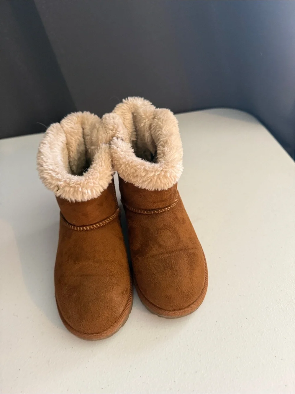 Kids Faux-Suede Shearling Ankle Boots with Bow - Brown